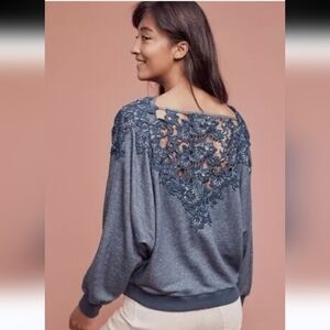 ANTHROPOLOGIE MEADOW RUE BRIA EMBROIDERED LACE BLUE PULLOVER SWEATER TOP SIZE S